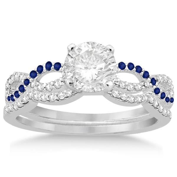 Infinity Diamond and Blue Sapphire Bridal Set 14K White Gold 0.94ctw: CENTER STONE 0.60 CTW ; Diamond,Blue Sapphire CENTER STONE CLARITY; SI1-SI2#Eye Clean CENTER STONE COLOR; J-K,Blue CENTER STONE SETTING; Micro Pave,Micro Pave SIDE STONE CLARITY; SIDE STONE COLOR; SID