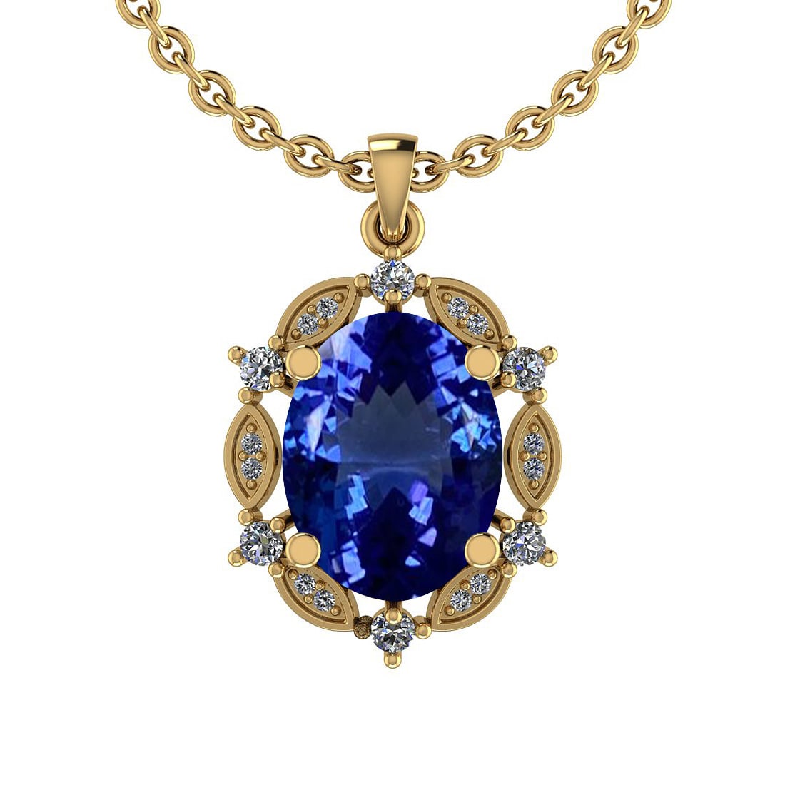 5.02 Ctw VS/SI1 Tanzanite And Diamond 14K Yellow Gold Necklace: Center Stone Approx Weight: 4.80 Ctw (Oval Cut) Center Stone Color: Tanzanite Center Stone Setting: Prong Side Stone 0.22 Ctw Side Stone Color: H-I Stone Clarity: VS/SI1 Stone Setting: Prong Metal App