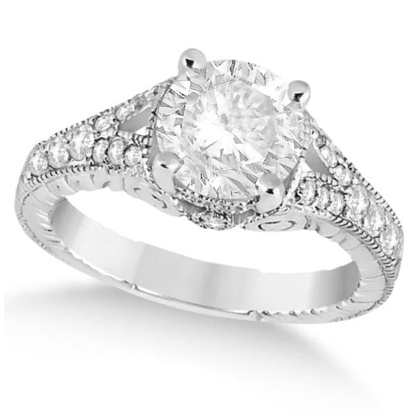 Antique style Art Deco Round Diamond Engagement Ring 14k White Gold 2.03ctw: CENTER STONE; Diamond (1.00 CTW) CENTER STONE CLARITY; SI1-SI2 CENTER STONE COLOR; J-K CENTER STONE SETTING; Prong SIDE STONE CLARITY; SI1-SI2 SIDE STONE COLOR; J-K SIDE STONE SETTING; Pave ctw OF SID