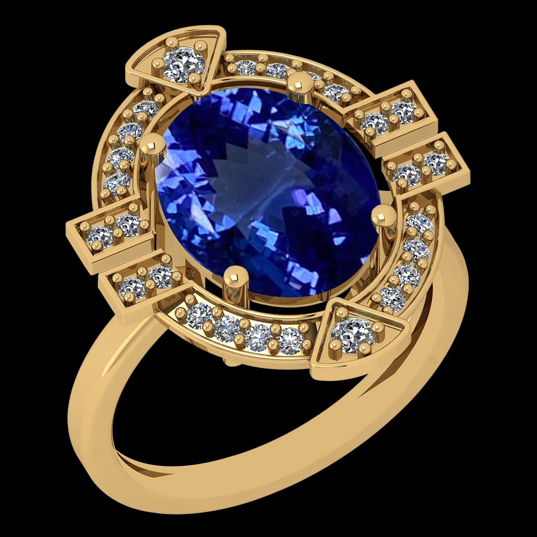 5.65 Ctw VS/SI1 Tanzanite And Diamond 10K Yellow Gold Vintage Style Ring: Color Stone Weight : 5.34 Ctw (1 Psc Oval ) Center Stone Color : Tanzanite Center Stone Setting : Prong Side Stone Weight Of Ctw 0.31 Ctw Side Stone Color : G-H Stone Clarity : VS/SI1 Stone Setting : 