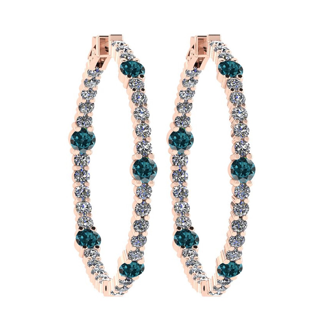 2.08 Ctw i2/i3 Treated Fancy Blue and White Diamond 14K Rose Gold Hoop Earr: Color Stone Weight : 0.86 Ctw ( Round cut) Center Stone Color : Treated Fancy Blue Diamond Center Clarity : i2/i3 Center Stone Setting : Prong Side Stone Weight Of Ctw 1.22 Ctw Side Stone Color : J-K 