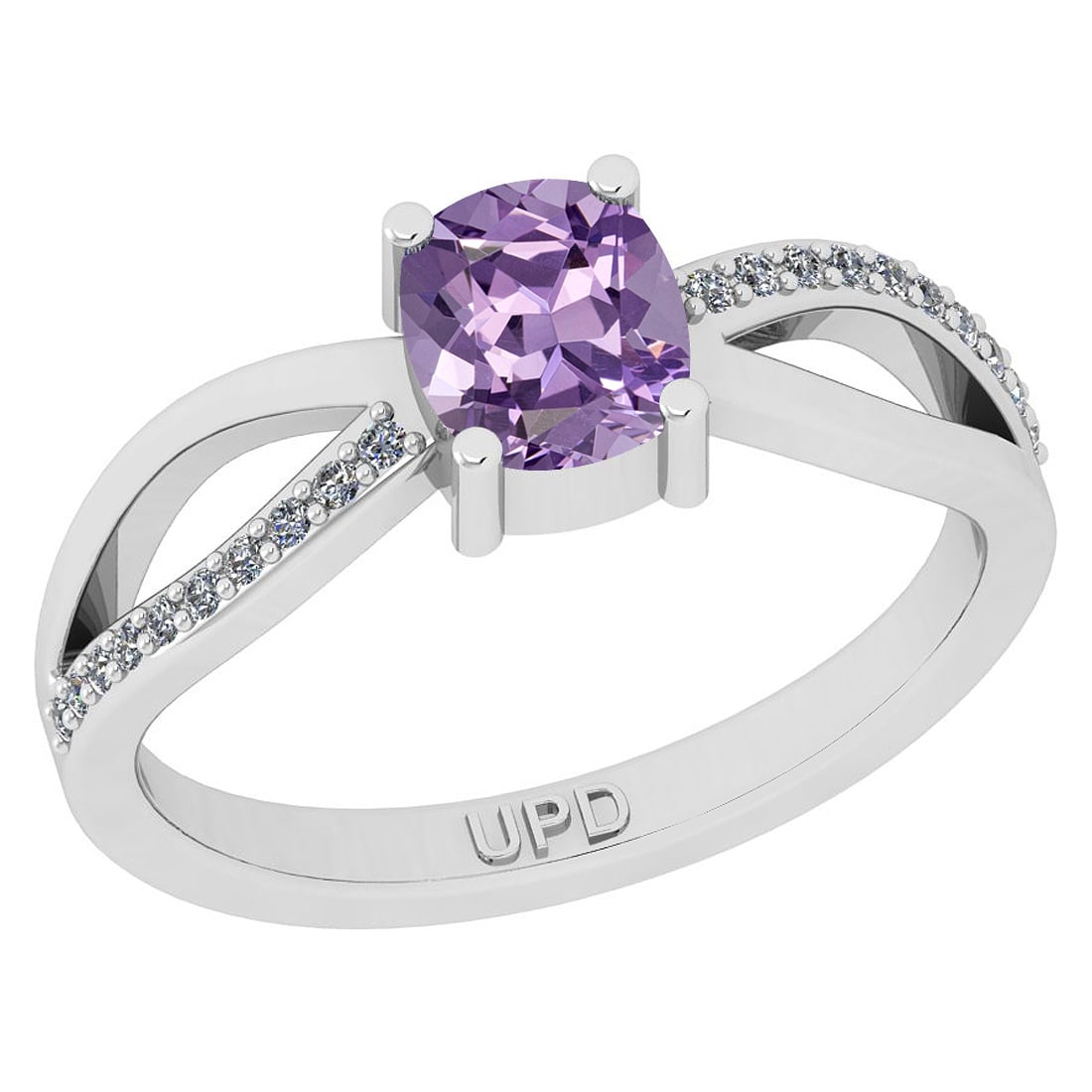 0.62 Ctw I2/I3 Amethyst And Diamond 10K White Gold Ring: Color Stone Weight : 0.50 Ctw (Cushion Cut ) Center Stone Color : Amethyst Center Stone Setting : Prong Side Stone Weight Of Ctw 0.12 Ctw Side Stone Color : G-H Stone Clarity : I2/I3 Stone Setting : P