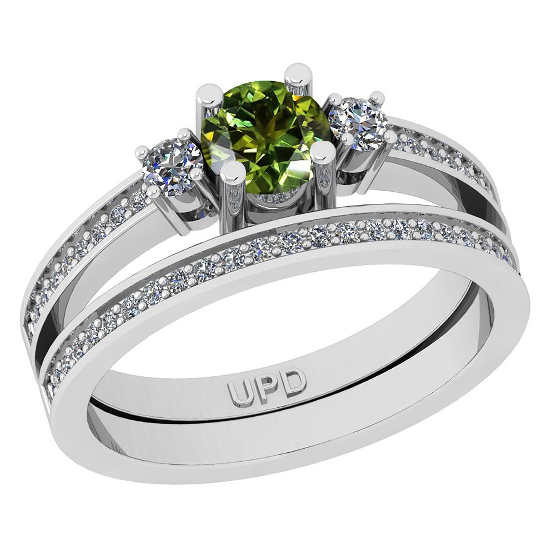 0.83 Ctw I2/I3 Green sapphire And Diamond 14K White Gold Wedding Set Ring: Center Stone Weight : 0.50 Ctw ( Round Cut) Center Stone Color :-Green sapphire Stone Setting : Prong Side Stone Weight Of Ctw 0.33 Ctw Side Stone Color : J-K Stone Clarity : I2/I3 Stone Setting : Pro