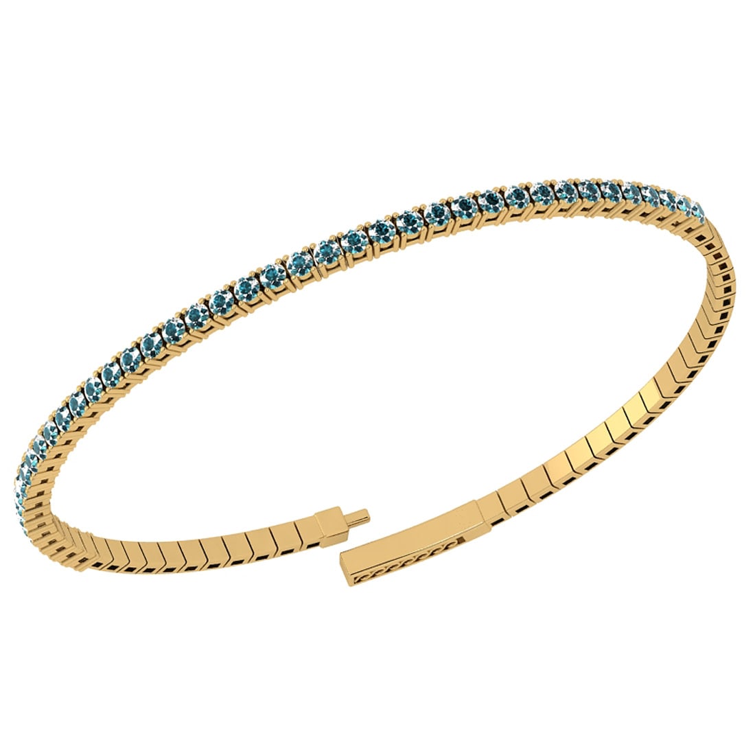 0.90 Ctw i2/i3 Treated Fancy Blue Diamond 14K Yellow Gold Half Bangle: Center Diamond Weight : 0.90 Ctw (Round Cut) Center Diamond Color :-Treated Fancy Blue Diamond Center Clarity : i2/i3 Stone Setting : Prong Metal Weight : Approx 6.55 Gram 14K Yellow Gold Half Bangle 