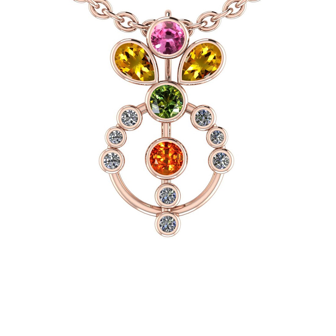 1.48 Ctw I2/I3 Multi Stone And Diamond 14K Rose Gold Pendant: Center Stone Weight : 1.25 Ctw (Round & Pear Cut) Center Stone Color :-Pink,Green,Yellow,Orange Sapphire Stone Setting : Bezel Side Stone Weight Of Ctw 0.23 Ctw Side Stone Color : J-K Stone Clarity : 