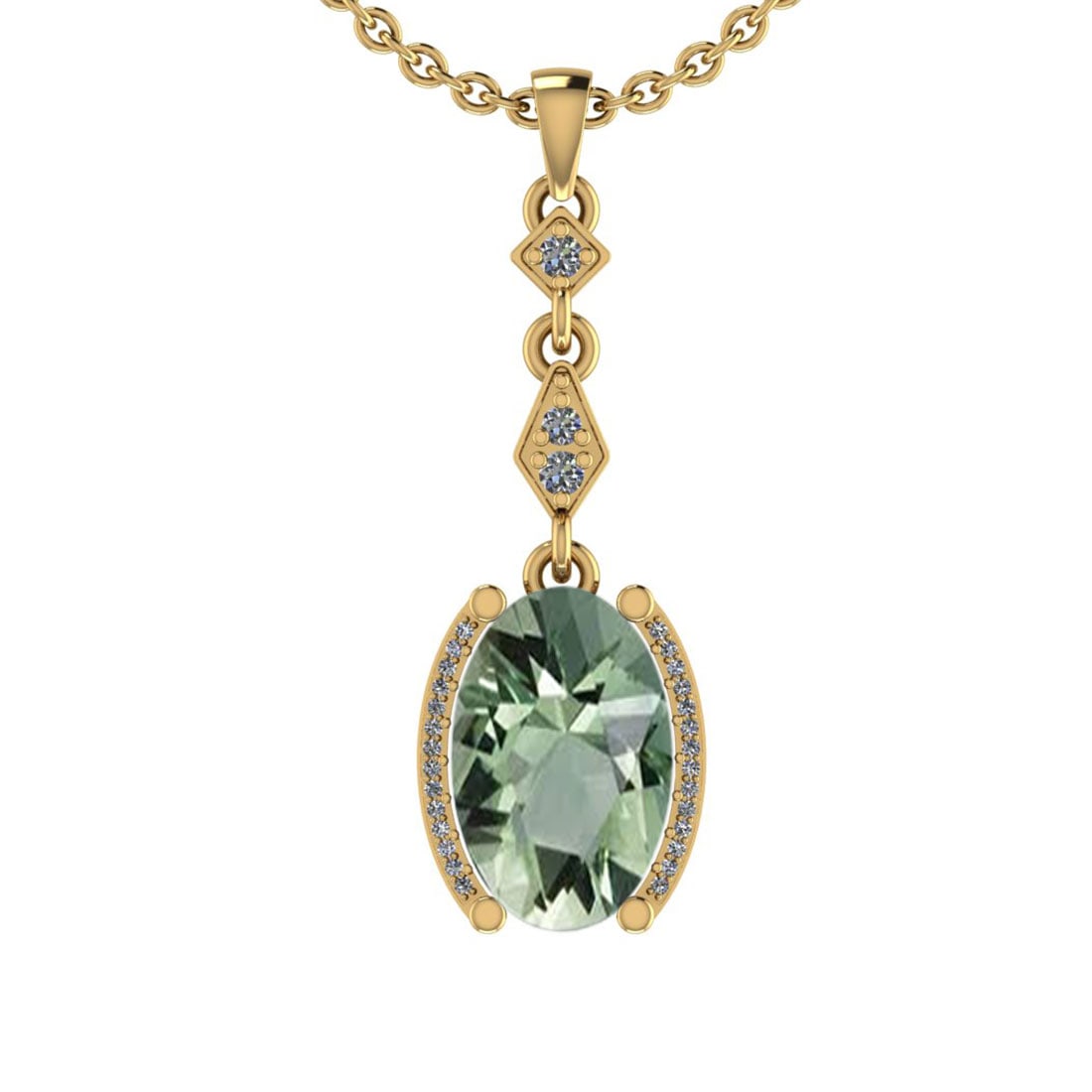 24.82 Ctw I2/I3 Green Amethyst And Diamond 10K Yellow Gold Pendant: Center Stone Weight : 23.72 Ctw (Oval Cut ) Center Stone Color : Green Amethyst Center Stone Setting : Prong Side Stone Weight Of Ctw 1.10 Ctw Side Stone Color : J-K Stone Clarity : I2/I3 Stone Settin