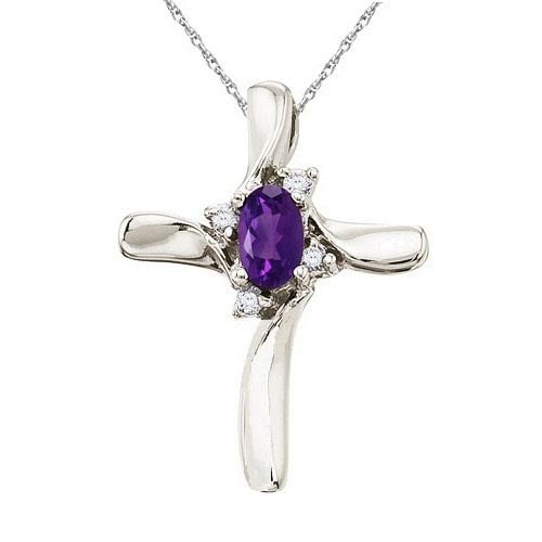 Amethyst and Diamond Cross Necklace Pendant 14k White Gold 1.05 CTTW: CENTER STONE; Amethyst CENTER STONE CLARITY; CENTER STONE COLOR; CENTER STONE SETTING; Prong SIDE STONE CLARITY; SI SIDE STONE COLOR; I-J SIDE STONE SETTING; Prong ctw OF SIDE STONE: 0.05 SIDE STONE Q