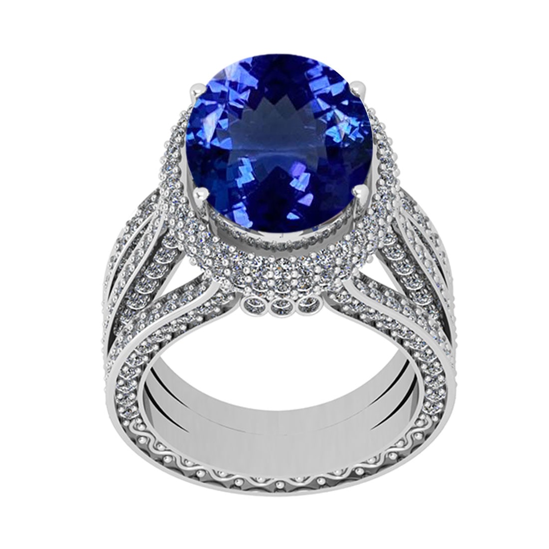 8.56 Ctw SI2/I1 Tanzanite And Diamond 14K White Gold Vintage Style Wedding: Color Stone Weight : 6.42 Ctw (Oval Cut ) Center Stone Color : Tanzanite Center Stone Setting : Prong Side Stone Weight Of Ctw 2.14 Ctw Side Stone Color : J-K Stone Clarity : SI2/I1 Stone Setting : Pr