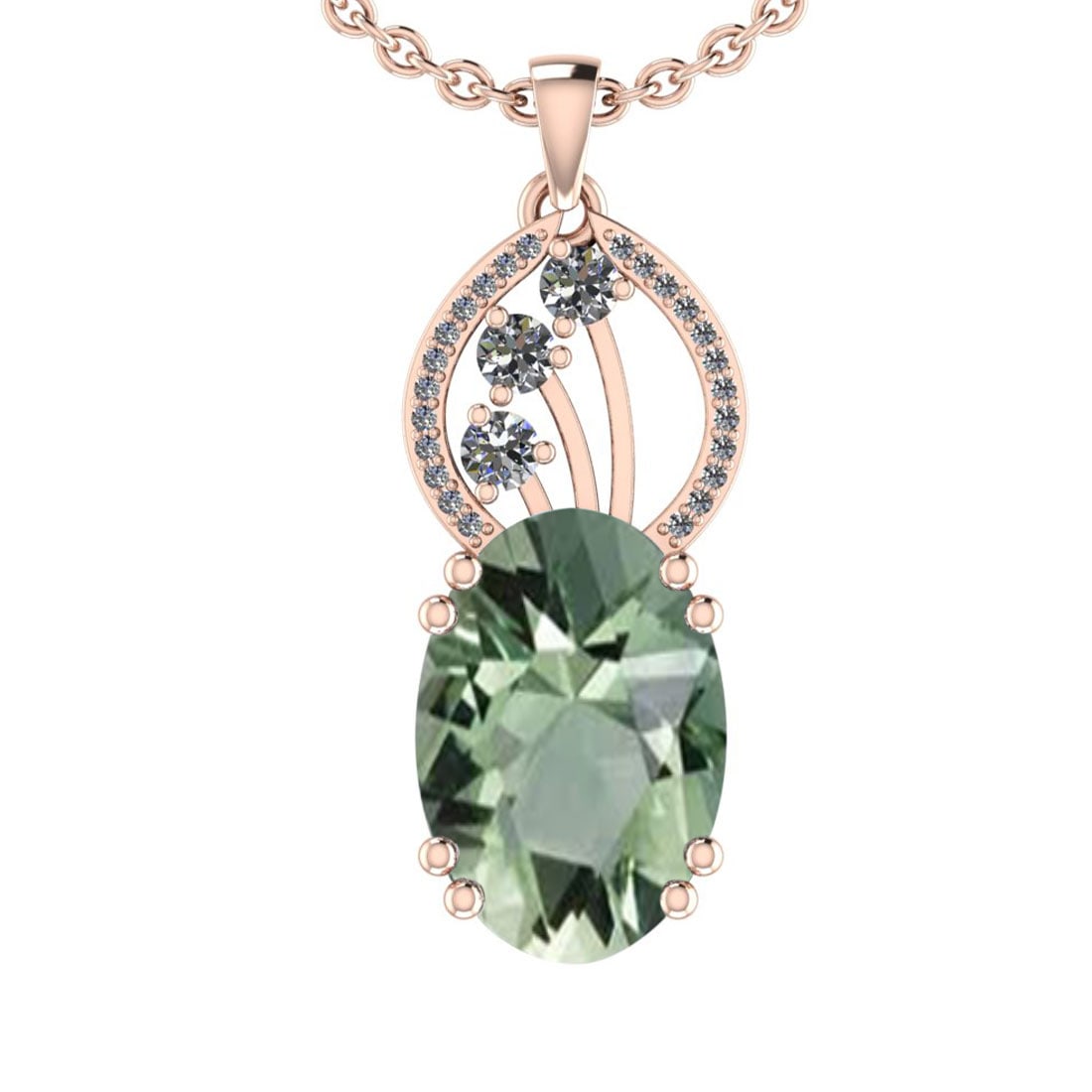 15.48 Ctw I2/I3 Green Amethyst And Diamond 10K Rose Gold Pendant: Center Stone Weight : 14.50 Ctw (Oval Cut ) Center Stone Color : Green Amethyst Center Stone Setting : Prong Side Stone Weight Of Ctw 0.98 Ctw Side Stone Color : J-K Stone Clarity : I2/I3 Stone Settin