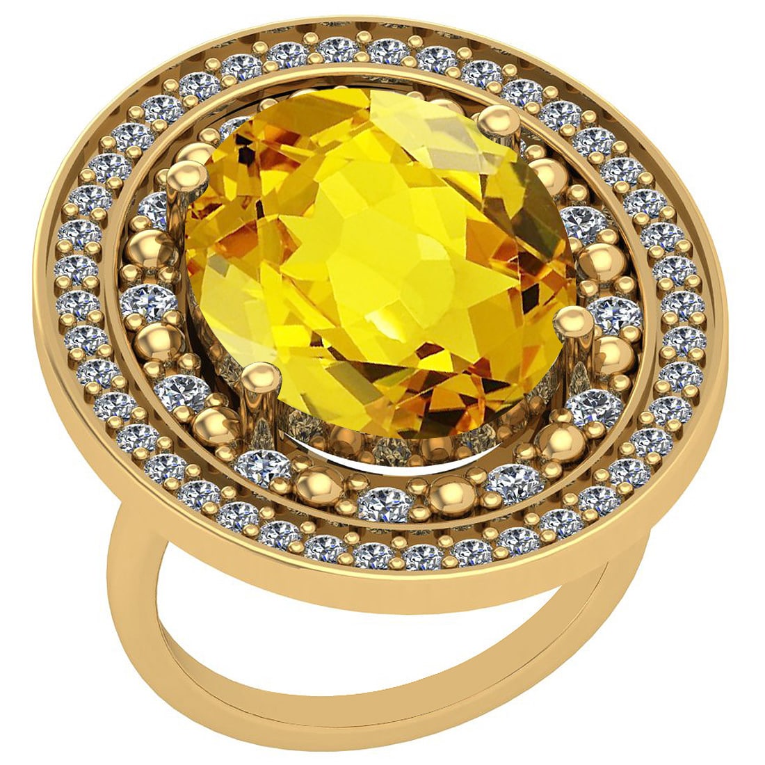 16.84 Ctw I2/I3 Lemon Topaz And Diamond 14k Yellow Gold Engagement Halo Rin: Center Stone Weight : 15.56 Ctw (1 Psc Oval Cut ) Center Stone Color : Lemon Topaz Center Stone Setting : Prong Side Stone Weight Of Ctw 1.28 Ctw Side Stone Color : J-K Stone Clarity : I2/I3 Stone Set