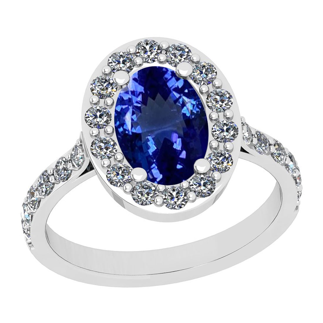 2.97 Ctw VS/SI1 Tanzanite And Diamond 18K White Gold Engagement Halo Ring: Center Stone Weight : 2.32 Ctw (Oval Cut) Center Stone Color :-Tanzanite Center Stone Setting : Prong Side Stone Weight Of Ctw 0.65 Ctw Side Stone Color : G-H Stone Clarity : VS/SI1 Stone Setting : Pr