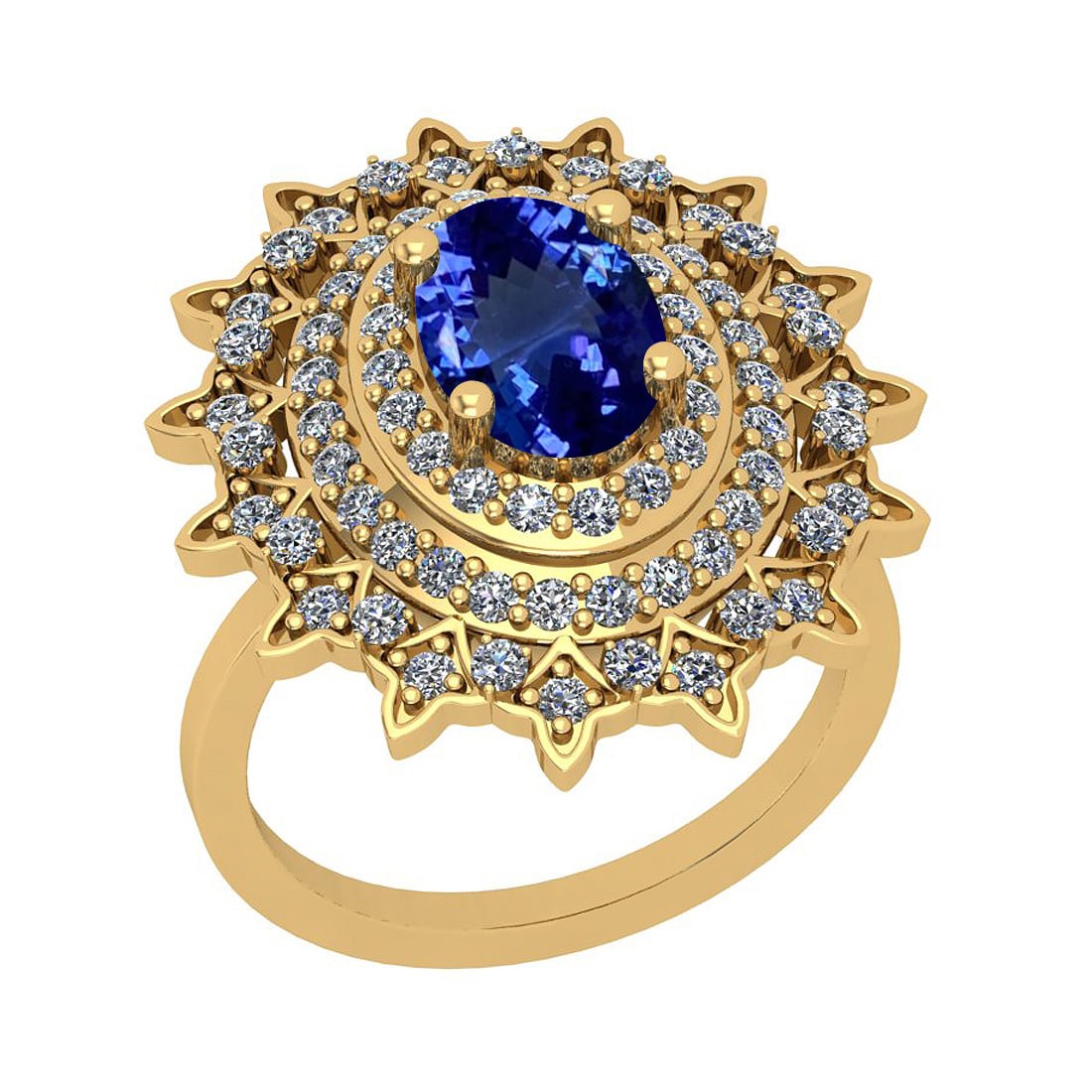7.80 Ctw VS/SI1 Tanzanite And Diamond 18K Yellow Gold Vintage Style Wedding: Center Stone Weight : 5.65 Ctw (Oval Cut) Center Stone Color :-Tanzanite Center Stone Setting : Prong Side Stone Weight Of Ctw 2.15 Ctw Side Stone Color : G-H Stone Clarity : VS/SI1 Stone Setting : Pr