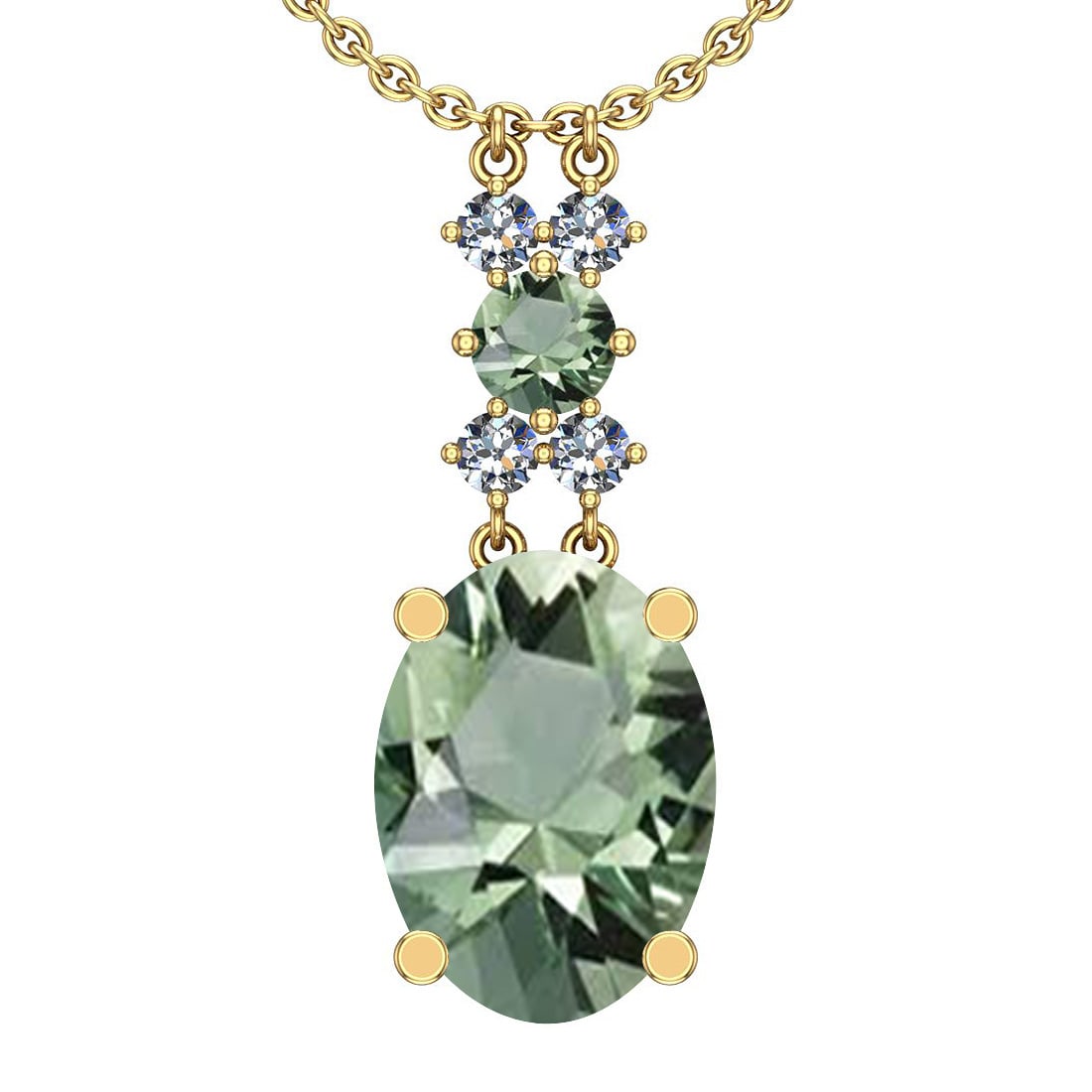 Certified 27.90 Ctw I2/I3 Green Amethyst And Diamond 14K Yellow Gold Pendan: Color Stone Approx Weight: 27.52 Ctw (Oval Cut) Center Stone Color: Green Amethyst Center Stone Setting: Prong Side Stone 0.40 Ctw Side Stone Color: J-K Stone Clarity: I2/I3 Stone Setting: Prong Metal