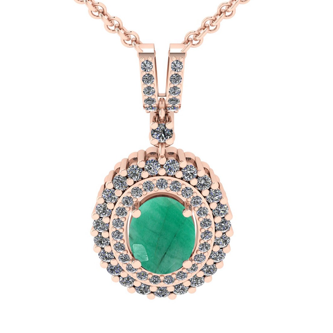 1.80 Ctw VS/SI1 Emerald And Diamond 14K Rose Gold Necklace (ALL DIAMOND ARE: Color Stone Weight : 1.25 Ctw ( Oval Cut ) Center Stone Color : Emerald Stone Setting : Prong Side Diamond Weight Of Ctw 0.55 Ctw Side Stone Color : J-K Stone Clarity : VS/SI1 Stone Setting : Prong Me