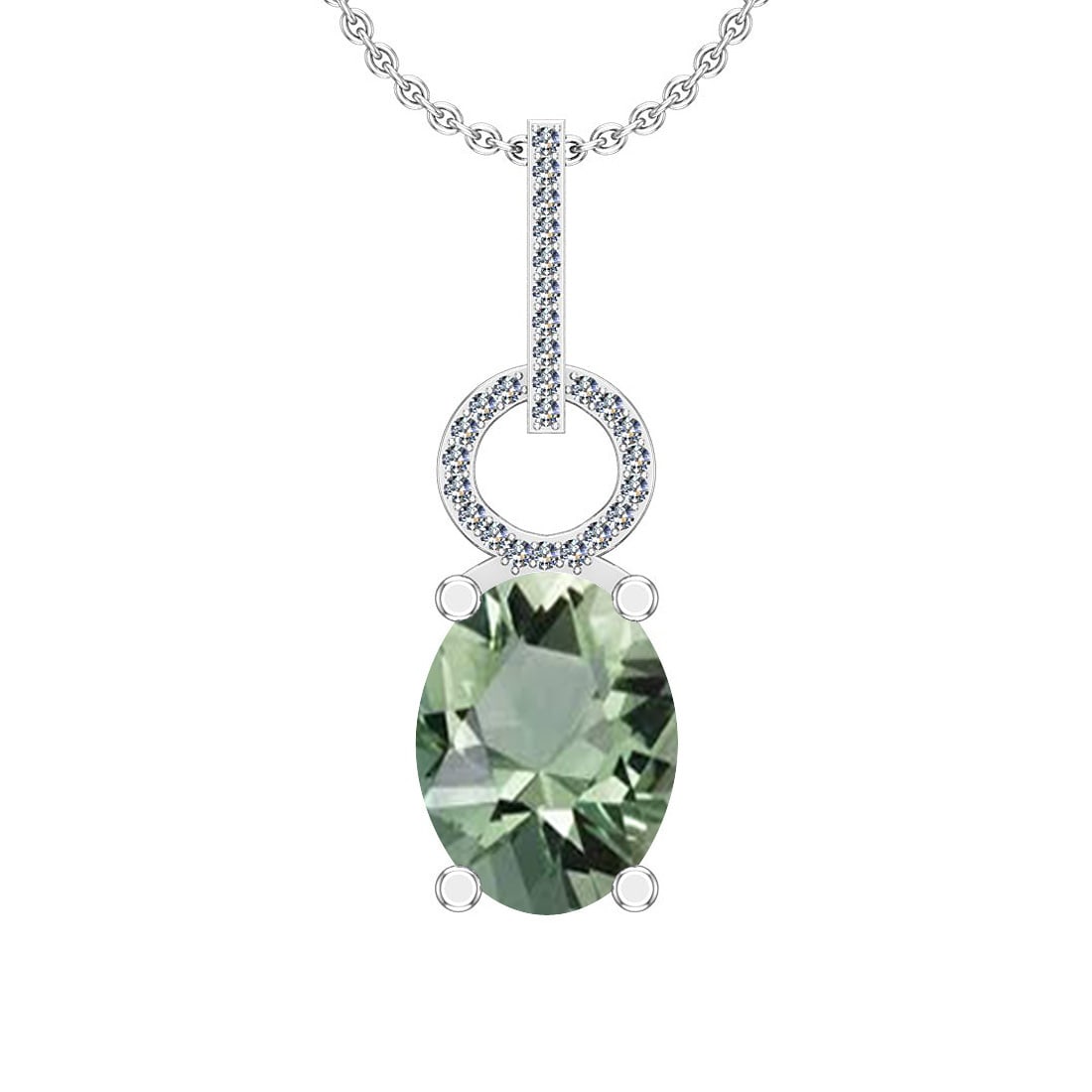Certified 13.55 Ctw I2/I3 Green Amethyst And Diamond 14K White Gold Pendant: Color Stone Approx Weight: 12.50 Ctw (Oval Cut) Center Stone Color: Green Amethyst Center Stone Setting: Prong Side Stone 1.05 Ctw Side Stone Color: J-K Stone Clarity: I2/I3 Stone Setting: Prong Metal
