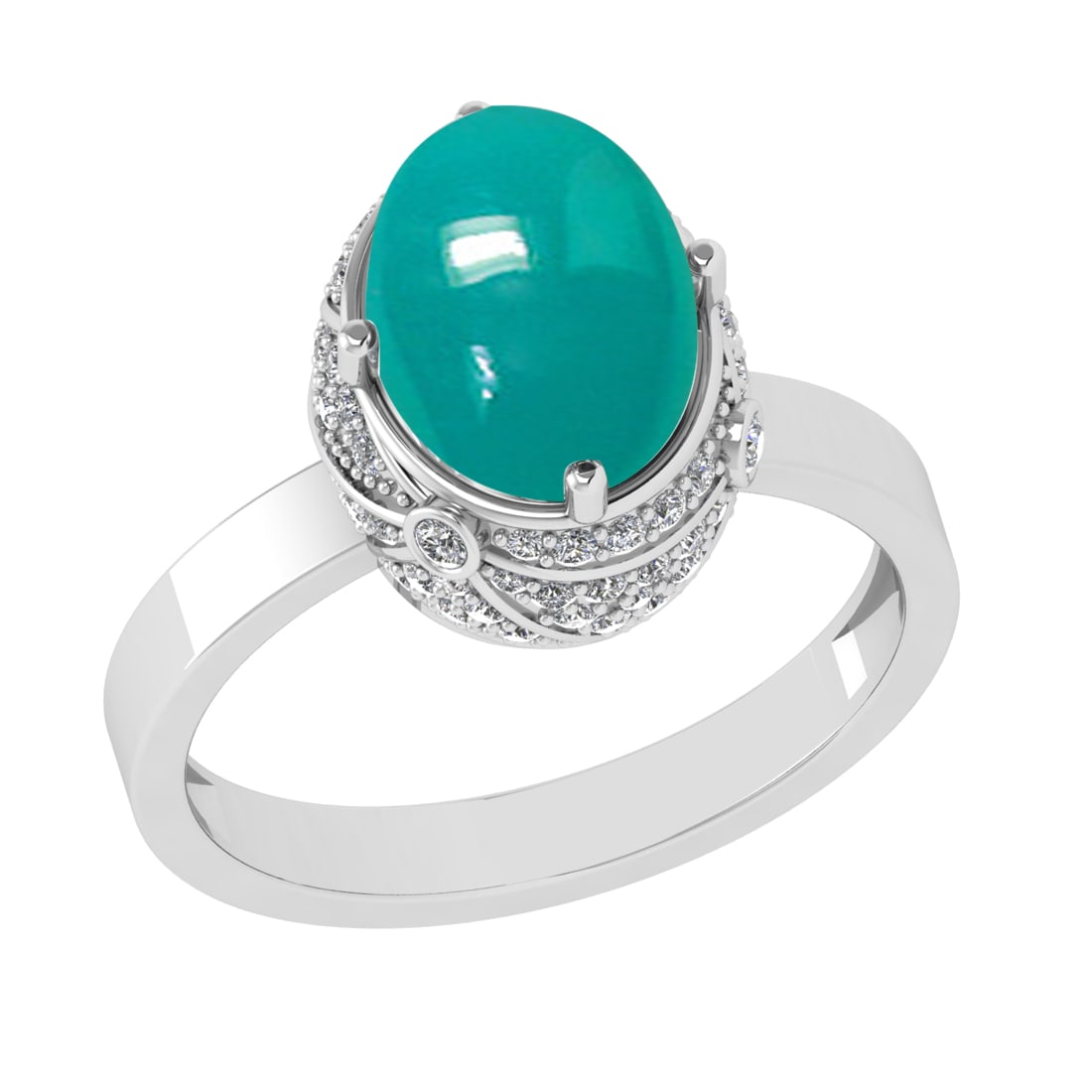 4.13 Ctw VS/SI1 Emerald and Diamond 14K White Gold Engagement Ring: Color Stone Weight : 3.56 Ctw (Oval Cab) Stone Color :- Emerald Center Stone Setting : Prong Side Weight Of Ctw 0.57 Ctw Color : J-K Clarity : VS/SI1 Stone Setting : Prong Metal Weight : Approx 6.30 g