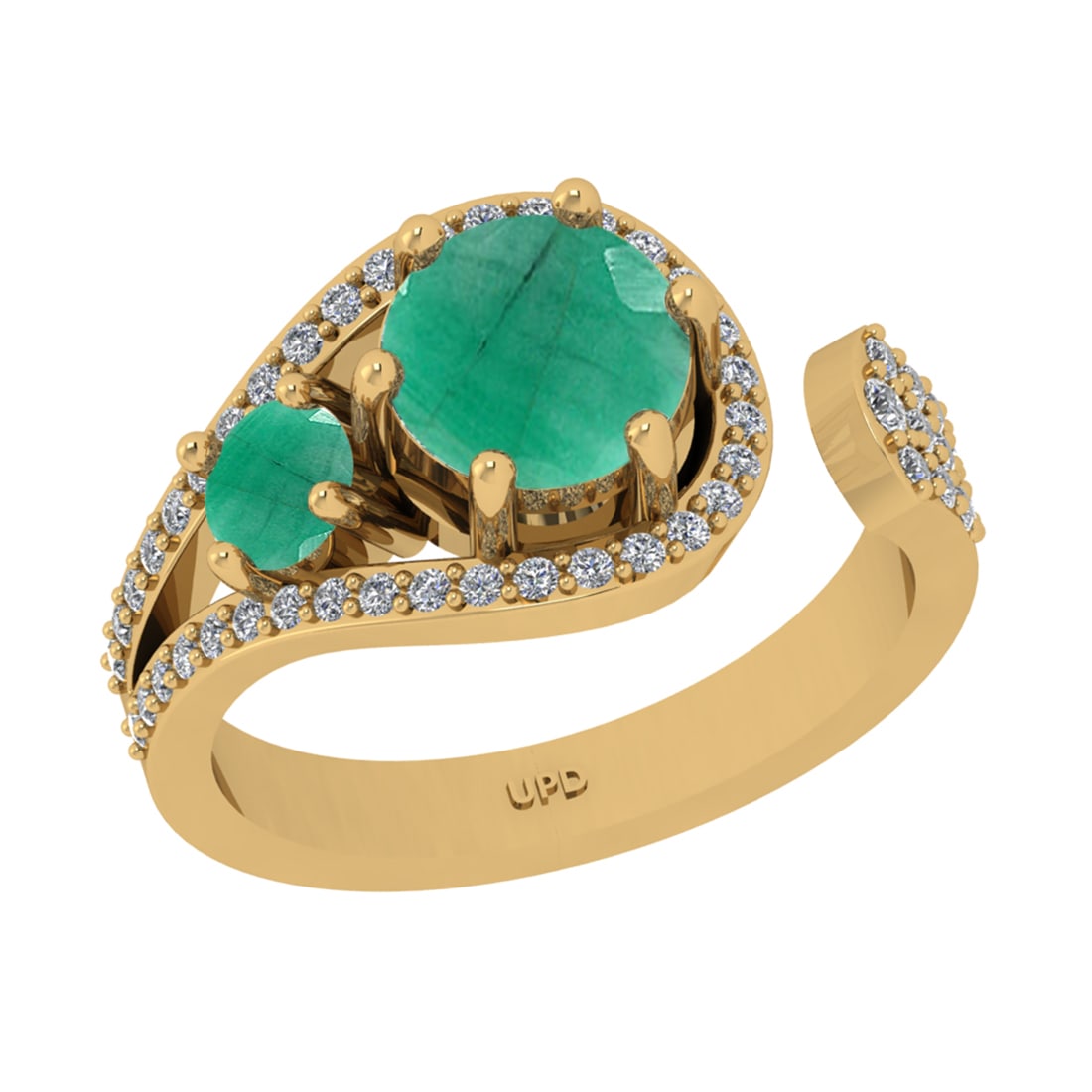 1.79 Ctw I2/I3 Emerald And Diamond 14K Yellow Gold Engagement Ring: Center Stone Weight : 1.55 Ctw ( round Cut ) Center Stone Color : Emerald Stone Setting : Prong Side Diamond Weight Of Ctw 0.24 Ctw Side Stone Color : J-K Stone Clarity : SI2/I1 Stone Setting : Prong 