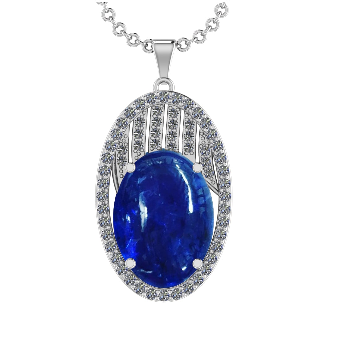 23.20 Ctw VS/SI1 Tanzanite and Diamond Prong Set 14k White Gold Pendant: Center Stone Weight : 22.35 Ctw ( Oval Cab) Center Stone Color :-Tanzanite Setting : Prong Side Weight Of Ctw 0.85 Ctw Color : J-K Clarity : VS/SI1 Stone Setting : Prong Metal Weight : Approx 12.40 gr