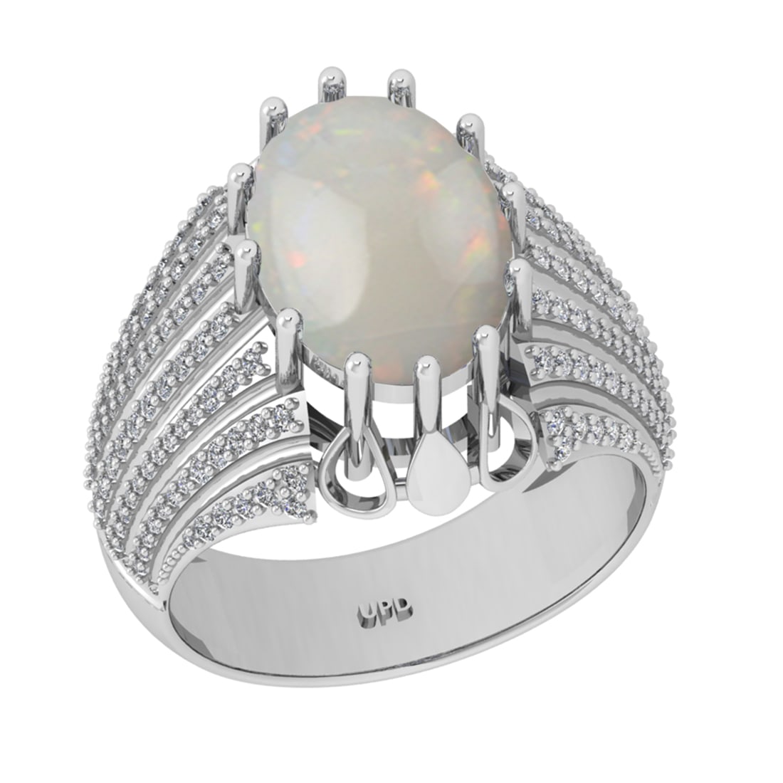 3.59 Ctw I2/I3 Opal And Diamond 14K White Gold Engagement Ring: Center Stone Weight : 3.03 Ctw ( Oval Cab ) Center Stone Color : Opal Stone Setting : Prong Side Diamond Weight Of Ctw0.56 Ctw Side Stone Color : J-K Stone Clarity : I2/I3 Stone Setting : Prong Metal 