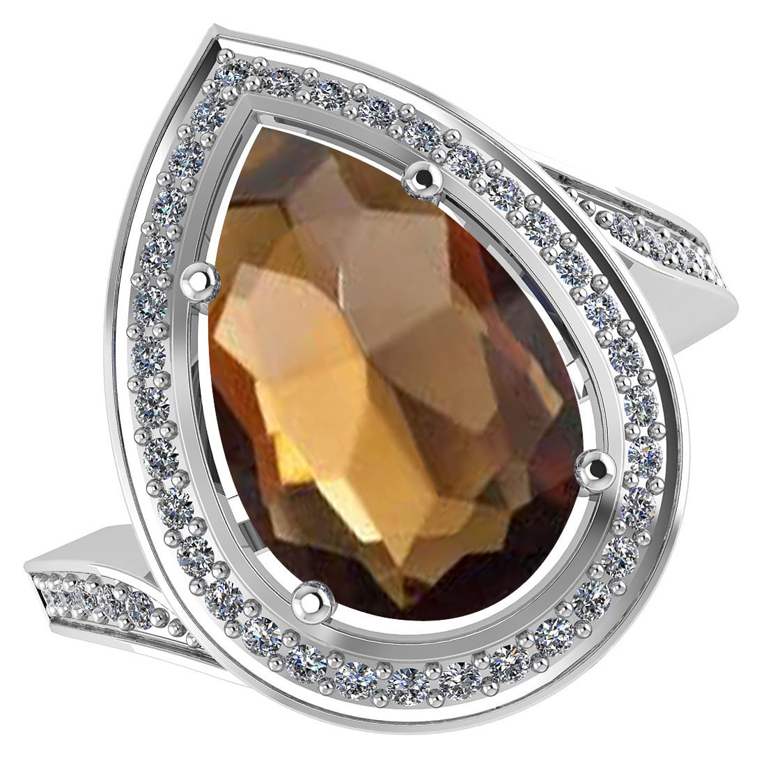 Certified 2.70 CTW Genuine Smoky And Diamond 14K White Gold Ring: Center Stone 2.34 CTW Pear Center Stone Clarity:SI1-SI2 Center Stone Color: Genuine Smoky Stone Setting ;Prong Side Stone Clarity;SI1-SI2 Side Stone Color ; White Diamond G-H Side Stone Setting ;pave 