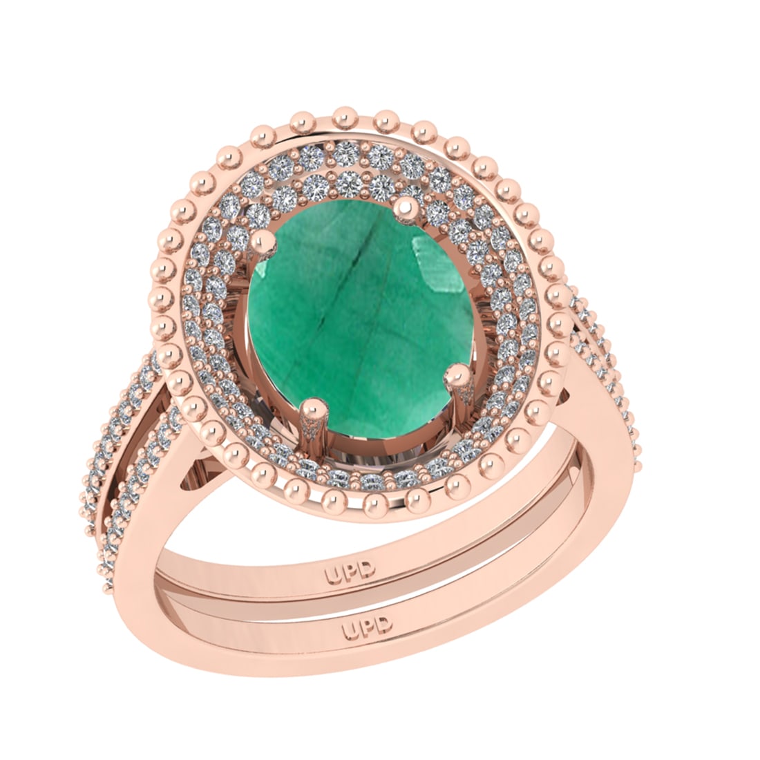 3.04 Ctw I2/I3 Emerald And Diamond 14K Rose Gold Engagement Ring: Center Stone Weight : 2.50 Ctw ( Oval Cut ) Center Stone Color : Emerald Stone Setting : Prong Side Diamond Weight Of Ctw 0.54 Ctw Side Stone Color : J-K Stone Clarity : SI2/I1 Stone Setting : Prong M