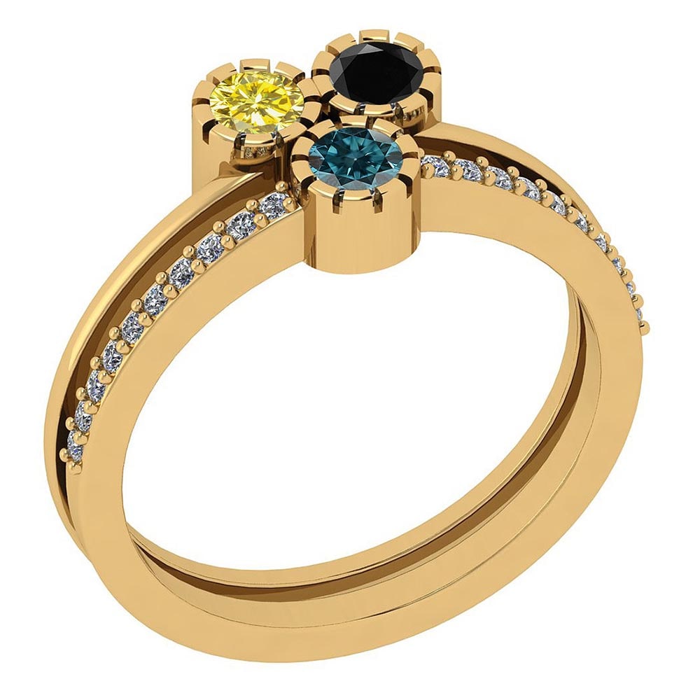 Certified 0.45 Ctw Treated Fancy Blue and White Diamond I1/I2 14k Yellow Go: Center Stone Approx Weight: 0.30 Ctw (3 pcs Round Cut) Center Stone Color: Treated Fancy Blue Diamond Center Stone Clarity: I1/I2 Center Stone Setting: Bezel Side Stone Approx Weight: 0.15 Ctw Side St