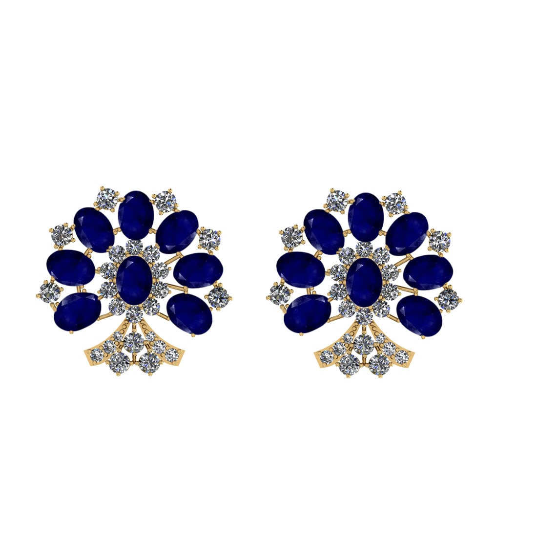 15.48 Ctw SI2/I1 Blue Sapphire And Diamond 14K Yellow Gold Earrings: Center Stone Weight : 12.00 Ctw ( Oval Cut ) Center Stone Color : Blue Sapphire Center Stone Setting : Prong Side Stone Weight Of Ctw 3.48 Ctw Side Stone Color : White J-K Diamond Stone Clarity : SI2/