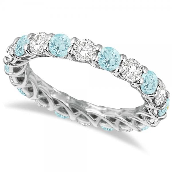 Luxury Diamond and Aquamarine Eternity Ring Band 14k White Gold 4.20ctw: CENTER STONE; Diamond CENTER STONE CLARITY; SI1-SI2 CENTER STONE COLOR; J-K CENTER STONE SETTING; Prong SIDE STONE CLARITY; SI1-SI2 SIDE STONE COLOR; Blue SIDE STONE SETTING; Prong ctw OF SIDE STONE: 