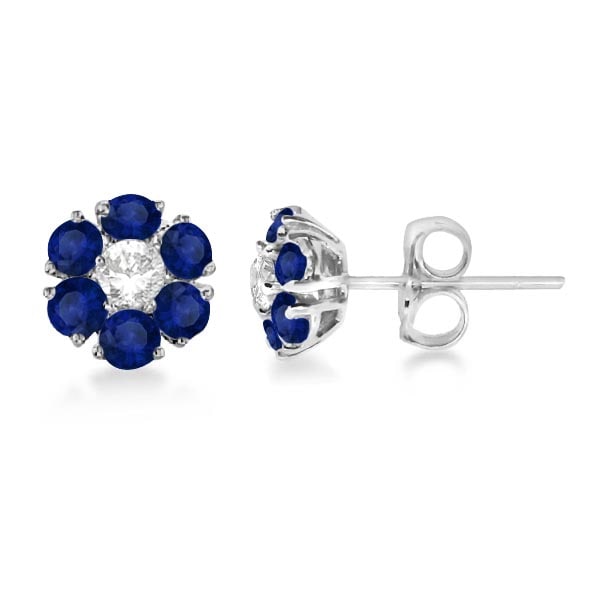 Diamond and Sapphire Flower Cluster Earrings 14K White Gold 1.91ctw: CENTER STONE; Blue Sapphire CENTER STONE CLARITY; Eye Clean CENTER STONE COLOR; Blue CENTER STONE SETTING; Prong SIDE STONE CLARITY; SI1-2 SIDE STONE COLOR; J-K SIDE STONE SETTING; Prong ctw OF SIDE S