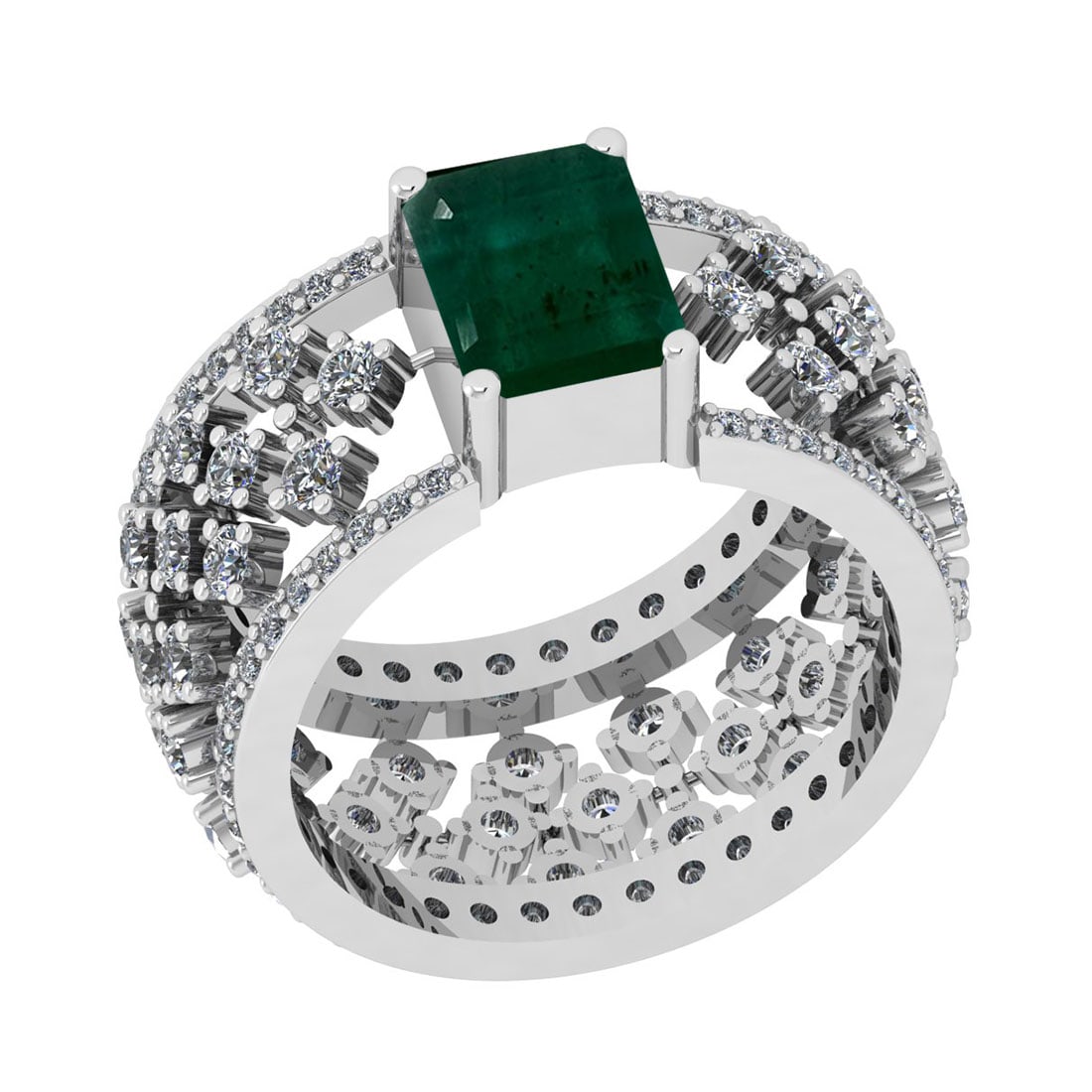 2.04 Ctw SI2/I1 Emerald And Diamond 14K White Gold Engagement Ring: Center Stone Weight : 1.34 Ctw (Emerald Cut) Center Stone Color : Emerald Cut Stone Setting : Prong Side Stone Weight Of Ctw 0.70 Ctw Side Stone Color : J-K Stone Clarity : SI2/I1 Stone Setting : Pron