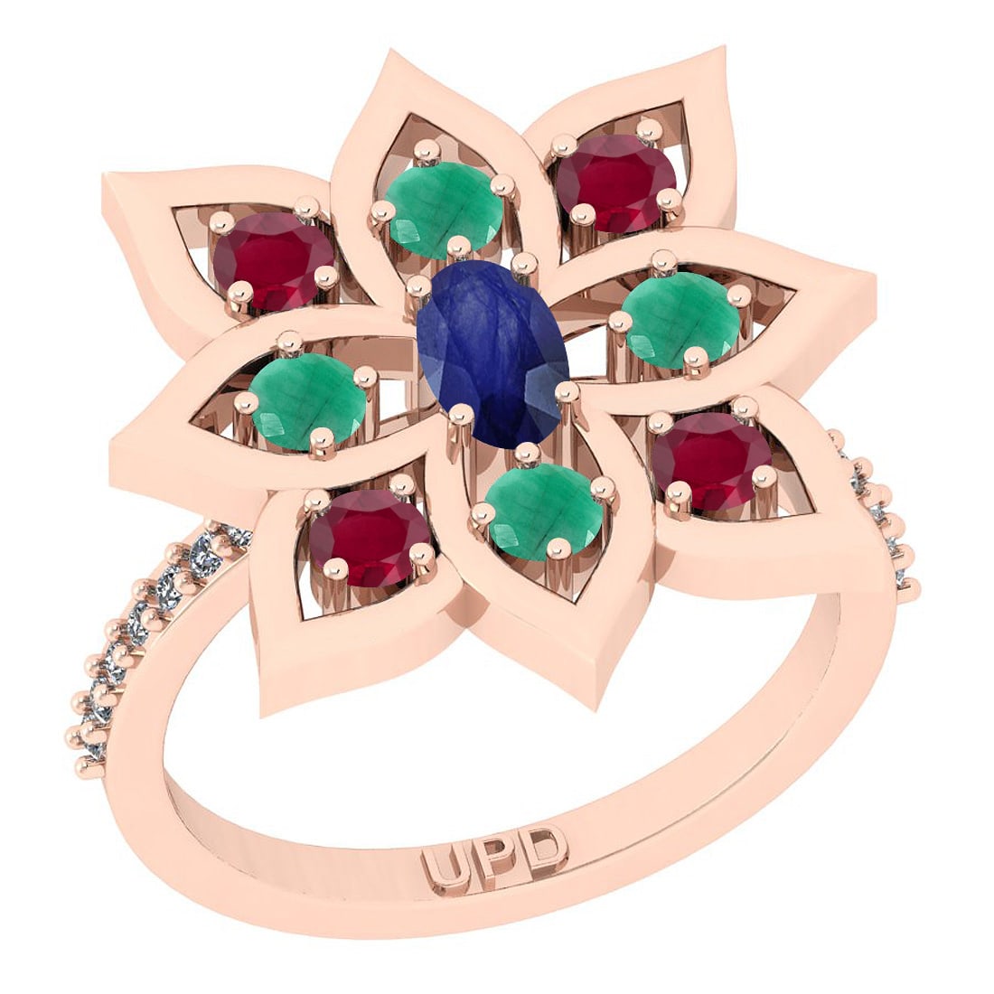 1.67 Ctw SI2/SI1 Multi Stone And Diamond 14K Rose Gold Multi Flower Ring: Multi Stone Weight : 1.50 Ctw ( Oval & Round Cut) Multi Stone Color :-Emerald,Ruby,Blue Sapphire Multi Stone Setting : Prong Side Stone Weight Of Ctw 0.17 Ctw Side Stone Color : G-H Stone Clarity : SI