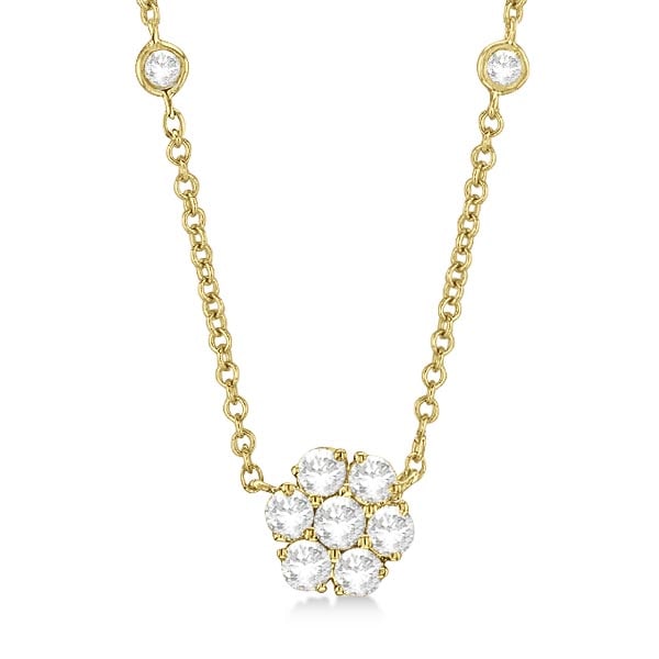 Flower Pendant Station Necklace 14k Yellow Gold 1.50ctw: CENTER STONE; Diamond CENTER STONE CLARITY; SI1-SI2 CENTER STONE COLOR; J-K CENTER STONE SETTING; Prong SIDE STONE CLARITY; SI1-SI2 SIDE STONE COLOR; J-K SIDE STONE SETTING; Bezel ctw OF SIDE STONE: 0