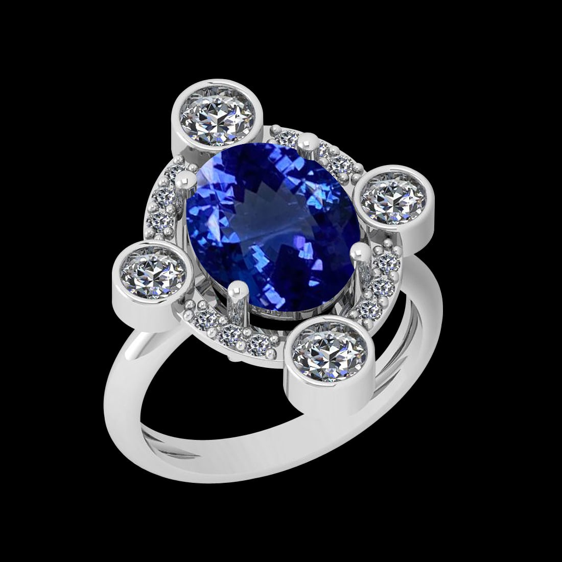 6.11 Ctw VS/SI1 Tanzanite And Diamond 10K White Gold Vintage Style Ring: Color Stone Weight : 4.85 Ctw (1 Psc Oval ) Center Stone Color : Tanzanite Center Stone Setting : Prong Side Stone Weight Of Ctw 1.26 Ctw Side Stone Color : G-H Stone Clarity : VS/SI1 Stone Setting : 
