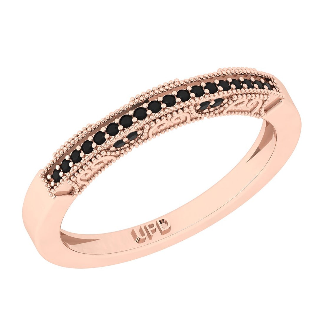 0.15 Ctw i2/i3 Treated Fancy Black Diamond Style Prong Set 14K Rose Gold Et: Center Diamond Weight : 0.15 Ctw ( Round cut) Center Diamond Color : Treated Fancy Black Dimaond Center Clarity : i2/i3 Stone Setting : Prong Metal Weight : Approx 3.30 Gram 14K Rose Gold Eternity Ban