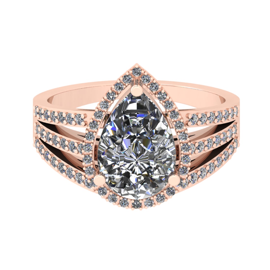 2.91 Ctw SI2/I1 Diamond 14K Rose Gold Engagement Halo Ring: Center Diamond Weight : 2.50 Ctw (Pear Cut) Center Diamond Color : J-K Center Stone Setting : Prong Center Stone Clarity : SI2/I1 Side Stone Weight Of Ctw 0.41 Ctw Side Stone Color : J-KStone Clarity