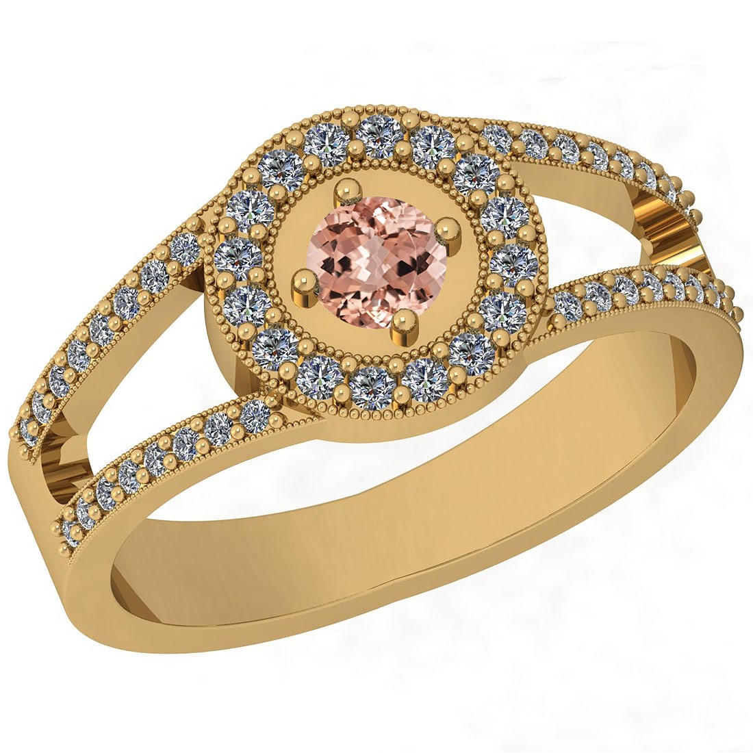 0.65 Ctw SI2/I1 Morganite And Diamond 14K Yellow Gold Vintage Style Ring: Center Stone Weight : 0.25 Ctw ( Round Cut ) Center Stone Color :-Morganite Center Stone Setting : Prong Side Stone Weight Of Ctw 0.40 Ctw Side Stone Color : H-I Stone Clarity : SI2/I1 Stone Setting :