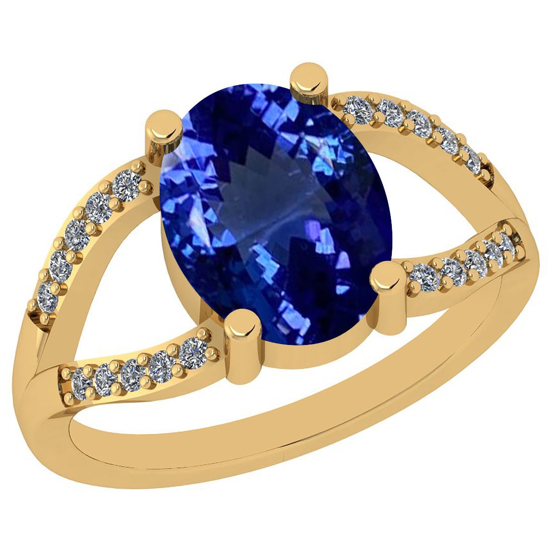 5.00 Ctw VS/SI1 Tanzanite And Diamond 14K Yellow Gold halo Ring: Center Stone Approx Weight: 4.80 Ctw (Oval Cut) Center Stone Color: Tanzanite Center Stone Setting: Prong Side Stone 0.20 Ctw Side Stone Color: H-I Stone Clarity: VS/SI1 Stone Setting: Prong Metal