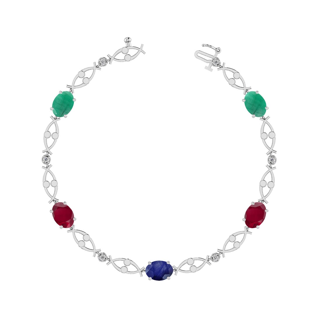 3.80 Ctw SI2/SI1 Multi Stone And Diamond 14K White Gold Bracelet: Multi Stone Weight : 3.75 Ctw ( Oval Cut) Multi Stone Color :-Emerald,Ruby,Blue Sapphire Multi Stone Setting : Prong Side Stone Weight Of Ctw 0.05 Ctw Side Stone Color : G-H Stone Clarity : SI2/SI1