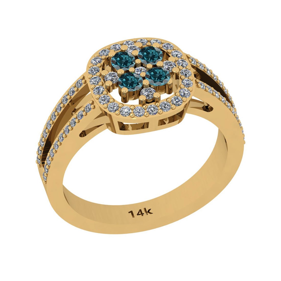 0.72 Ctw I2/I3 Treated Fancy Blue And White Diamond 14K Yellow Gold Cluster: Center Stone Weight : 0.27 Ctw (Round Cut ) Center Stone Color : Treated Fancy Blue Diamond Center Stone Clarity : I2/I3 Center Stone Setting : Prong Side Stone Weight Of Ctw 0.45 Ctw Side Stone Color