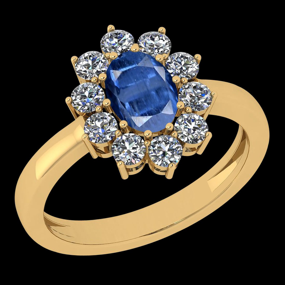 Certfied 0.75 Ctw Kyanite And Diamond I1/I2 18k Yellow Gold Engagement Ring: Color Stone Weight : 0.50 Ctw (1psc Oval) Center Stone Color : Kyanite Center Stone Setting : Prong Side Stone Weight Of Ctw 0.25 Ctw Side Stone Color : J-K Stone Clarity : I1/I2 Stone Setting : Prong