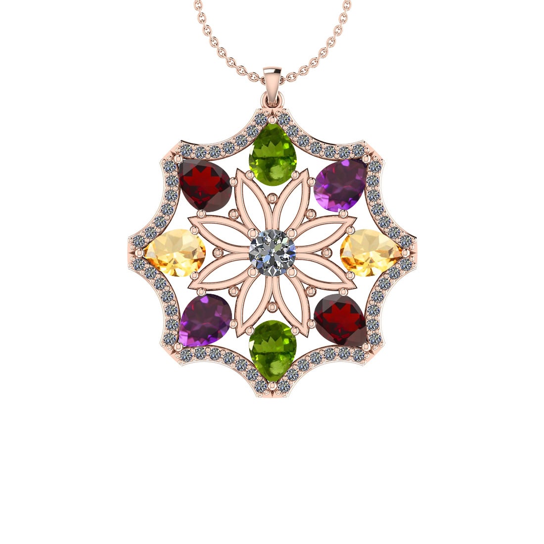 2.24 Ctw I2/I3 Multi Stone And Diamond 10K Rose Gold Pendant: Multi Stone Weight : 2.00 Ctw ( Pear Cut) Multi Stone Color :-Amethyst,Garnet,Peridot,Citrine Multi Stone Setting : Prong Side Stone Weight Of Ctw 0.24 Ctw Side Stone Color : J-K Stone Clarity : I2/I3
