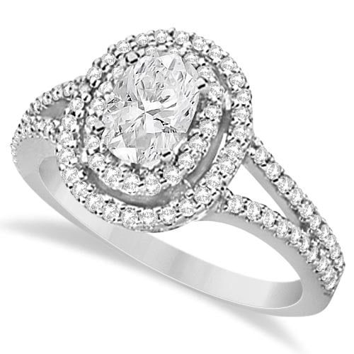 Double Halo Diamond and Moissanite Engagement Ring 14K White Gold 1.34ctw: CENTER STONE; Moissanite CENTER STONE CLARITY; CENTER STONE COLOR; CENTER STONE SETTING; Prong SIDE STONE CLARITY; SI1-SI2 SIDE STONE COLOR; J-K SIDE STONE SETTING; Prong ctw OF SIDE STONE: 0.5 SIDE S