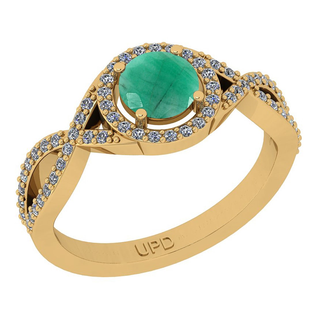 0.91 Ctw SI2/I1 Emerald And Diamond 14K Yellow Gold Infinity Wedding Halo R: Center Stone Weight : 0.60 Ctw ( Round Cut) Center Stone Color :-Emerald Stone Setting : Prong Side Stone Weight Of Ctw 0.31 Ctw Side Stone Color : J-K Stone Clarity : SI2/I1 Stone Setting : Prong