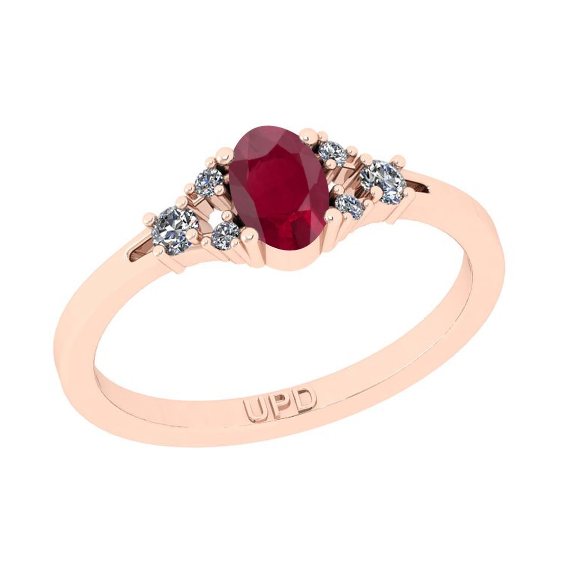 0.60 Ctw SI2/I1 Ruby And Diamond 14K Rose Gold Ring: Center Stone Weight : 0.50 Ctw (Oval Cut ) Center Stone Color : Ruby Center Stone Setting : Prong Side Stone Weight Of Ctw 0.10 Ctw Side Stone Color : G-H Stone Clarity : SI2/I1 Stone Setting : Prong 