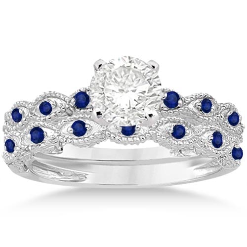 Antique style Blue Sapphire Engagement Ring Set 14k White Gold 1.36ctw: CENTER STONE: DIAMOND (1.00 CTW) COLOR: J-K CLARITY: SI1-SI2 SIDE STONES: SAPPHIRE & DIAMOND (0.36 CTW) #PAPPS20652v3