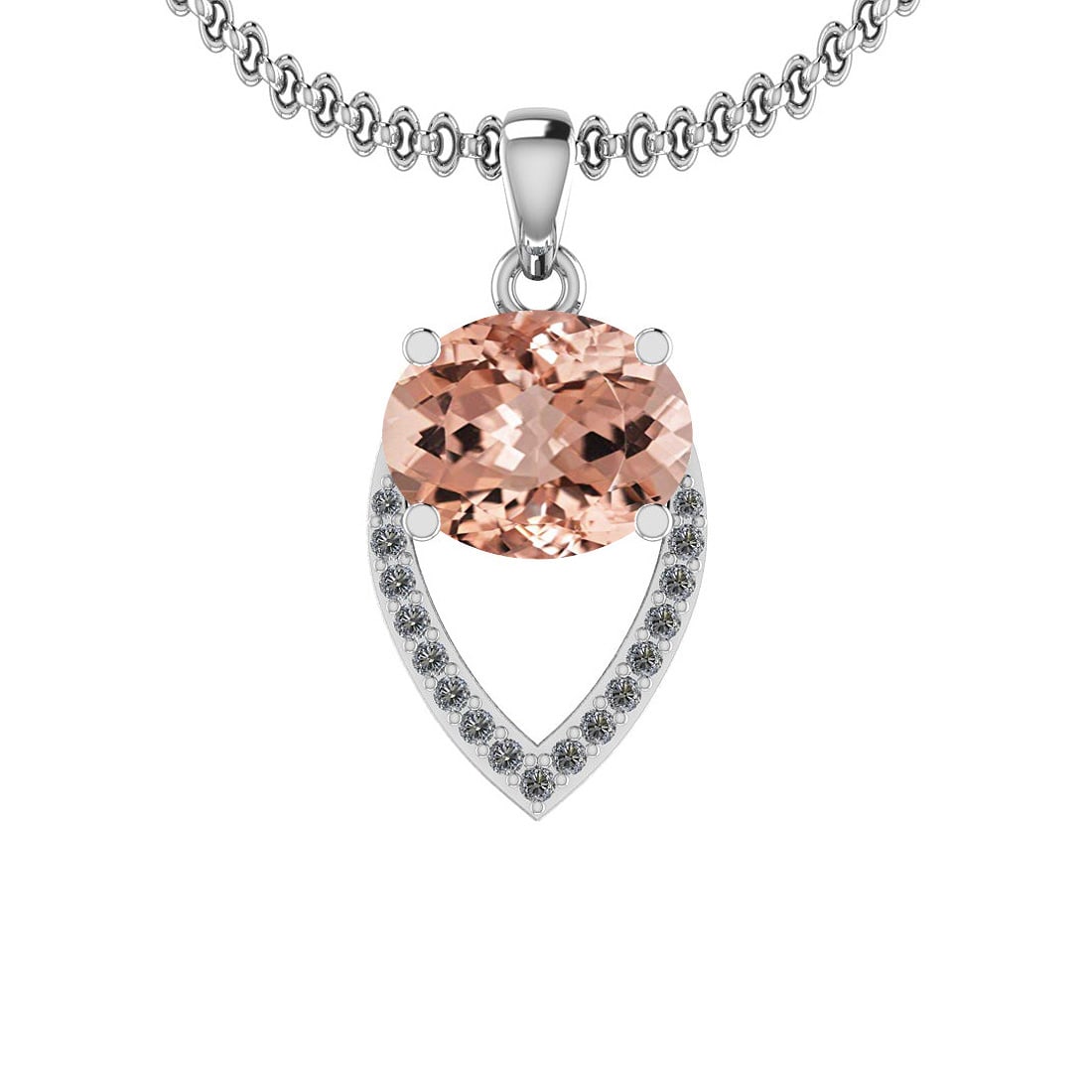 2.09 Ctw SI2/I1 Morganite And Diamond 14K White Gold Vintage Style Necklace: Center Stone Weight : 2.00 Ctw ( Oval Cut ) Center Stone Color :-Morganite Center Stone Setting : Prong Side Stone Weight Of Ctw 0.09 Ctw Side Stone Color : H-I Stone Clarity : SI2/I1 Stone Setting : 