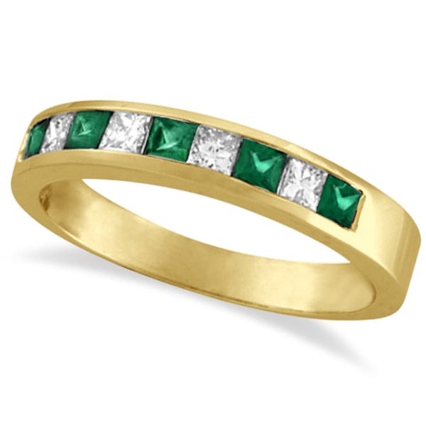 Princess-Cut Diamond and Emerald Ring Band 14k Yellow Gold 0.73ctw: CENTER STONE; Emerald CENTER STONE CLARITY; CENTER STONE COLOR; Green CENTER STONE SETTING; Channel SIDE STONE CLARITY; SI SIDE STONE COLOR; J-K SIDE STONE SETTING; Channel ctw OF SIDE STONE: 0.23 SID