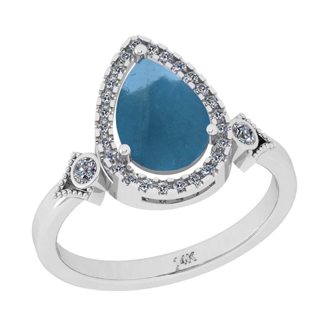 2.27 Ctw SI2/I1 Aquamarine And Diamond 14K White Gold Engagement Ring: Center Stone Weight : 2.10 Ctw (Pear Cabochon ) Center Stone Color : Aquamarine Stone Setting : Prong Side Stone Weight Of Ctw 0.17 Ctw Side Stone Color : J-K Stone Clarity : SI2/I1 Stone Setting : Pr