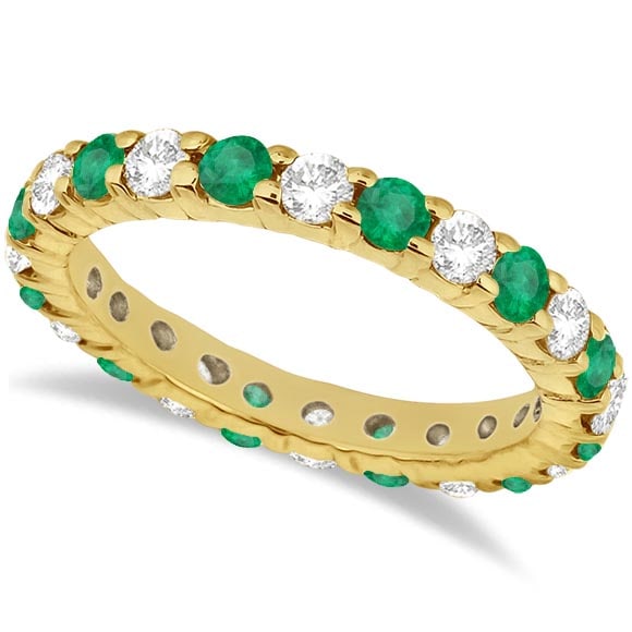 Eternity Diamond and Emerald Ring Band 14k Yellow Gold 2.35ctw: CENTER STONE; Emerald CENTER STONE CLARITY; CENTER STONE COLOR; Green CENTER STONE SETTING; Prong SIDE STONE CLARITY; SI SIDE STONE COLOR; J-K SIDE STONE SETTING; Prong ctw OF SIDE STONE: 1 SIDE STONE