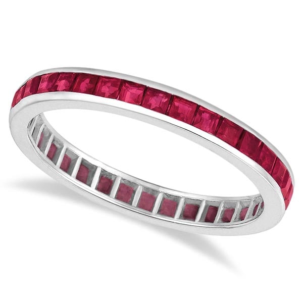 Princess-Cut Ruby Eternity Ring Band 14k White Gold 1.20ctw: CENTER STONE; Ruby CENTER STONE CLARITY; CENTER STONE COLOR; Red CENTER STONE SETTING; Channel SIDE STONE CLARITY; SIDE STONE COLOR; SIDE STONE SETTING; ctw OF SIDE STONE: SIDE STONE QUALITY; #PAPPS20